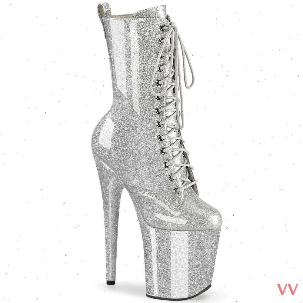 新款20CM白色细跟防水台性感情趣高跟亮皮短靴低筒靴漆皮钢管舞鞋