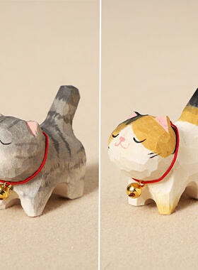 木雕可爱小猫胖狸花猫胖三花猫客厅玄关装饰摆件儿童玩具生日礼物