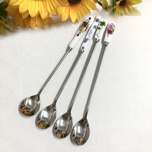 韩国进口不锈钢长把咖啡勺树脂手柄奶茶搅拌勺子甜品西餐小勺羹匙