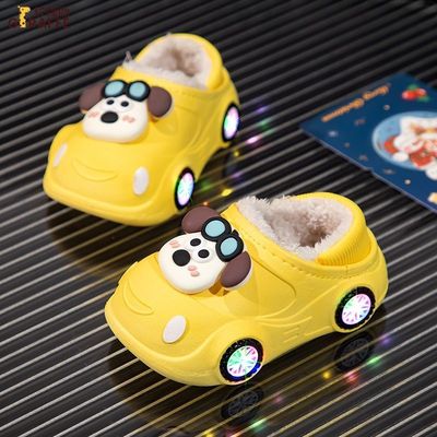 冬季男童卡通眼镜狗加绒加厚棉拖鞋卡通亮灯室内包跟家居宝宝棉鞋