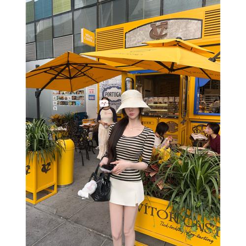 JAMAIS VU【自在清透感】奶皮天丝条纹慵懒短袖t恤女夏收腰巨舒适