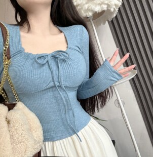 打底衫 JAMAIS 纯欲立显胸大腰细6色绑带长袖 酒心乳酪 内搭上衣