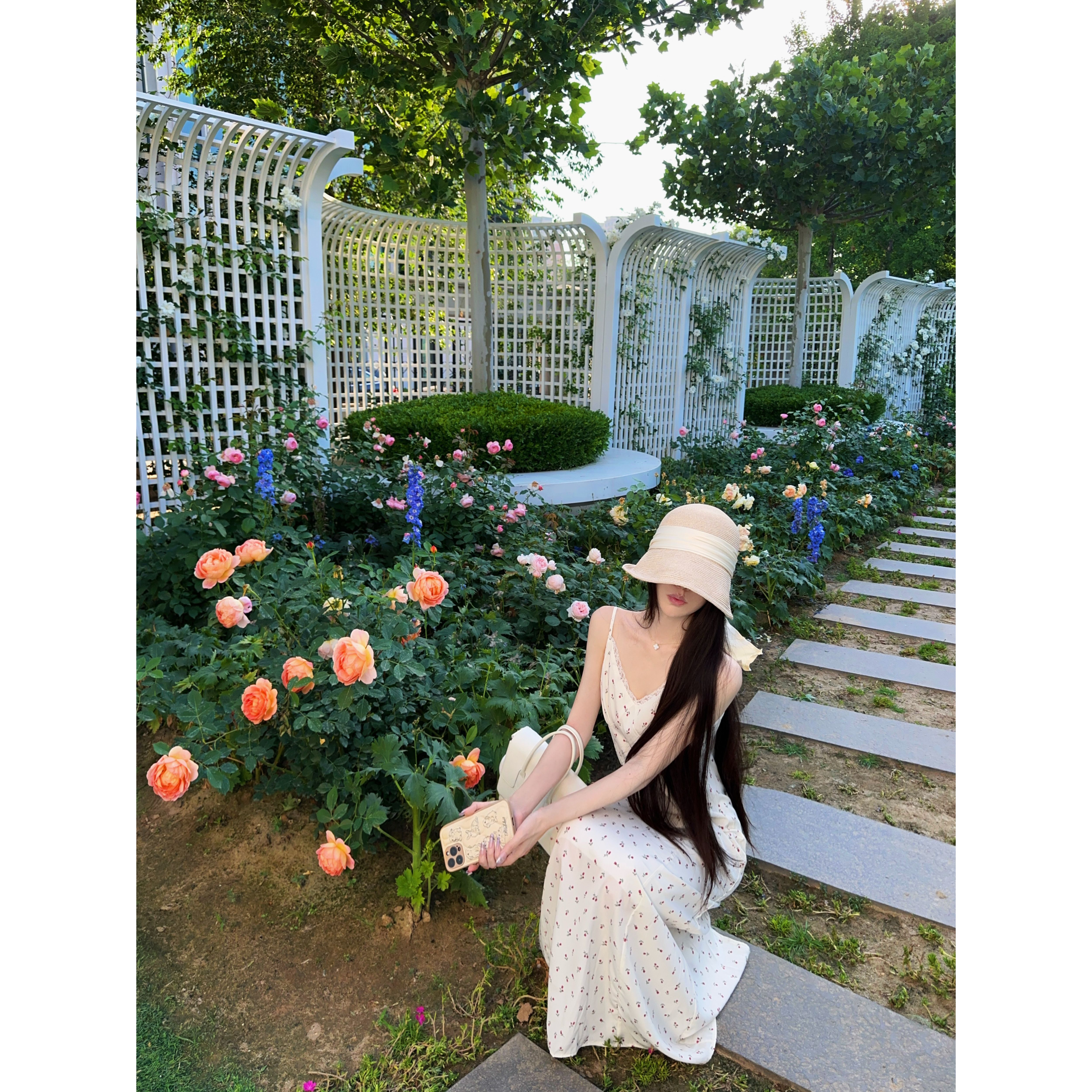 JAMAIS VU【少女怀夏】自然系清丽感 碎花吊带蕾丝v领连衣裙长裙