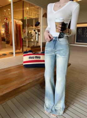 JAMAIS VU【奶茶牛仔】春天的颜色 定染休闲磨白 直筒微喇休闲裤