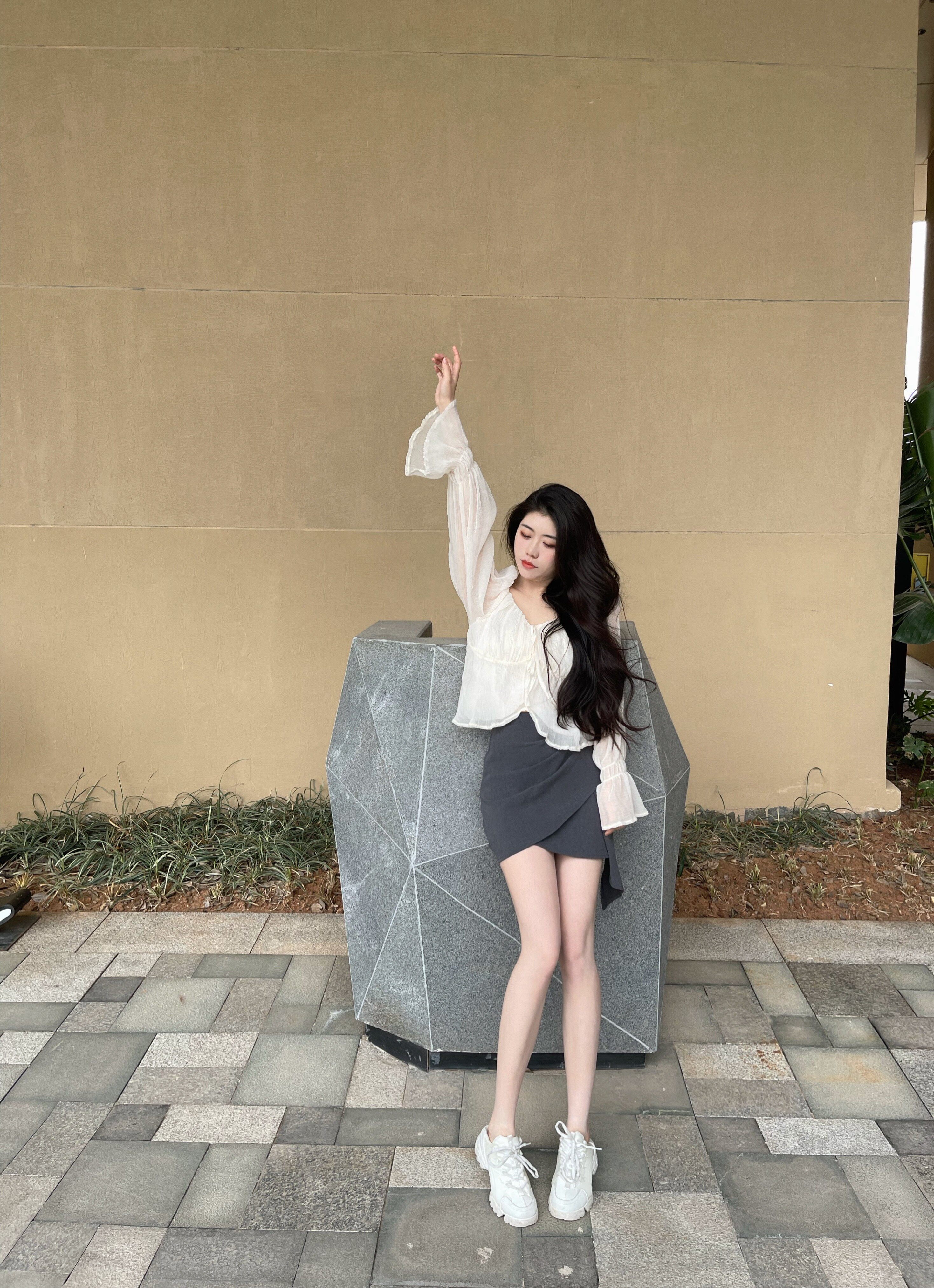 jamais vu 韩味腿精版型半永久 百搭防走光高腰不规则下摆a字短裙