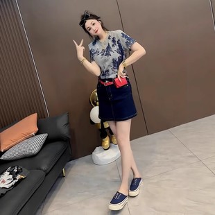 宽松显瘦纯棉体恤设计感上衣 欧货灰色扎染正肩短t恤女夏2025新款