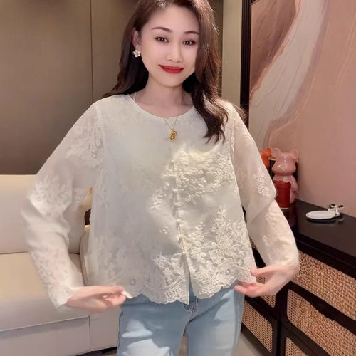 新中式国风刺绣蕾丝白衬衫女