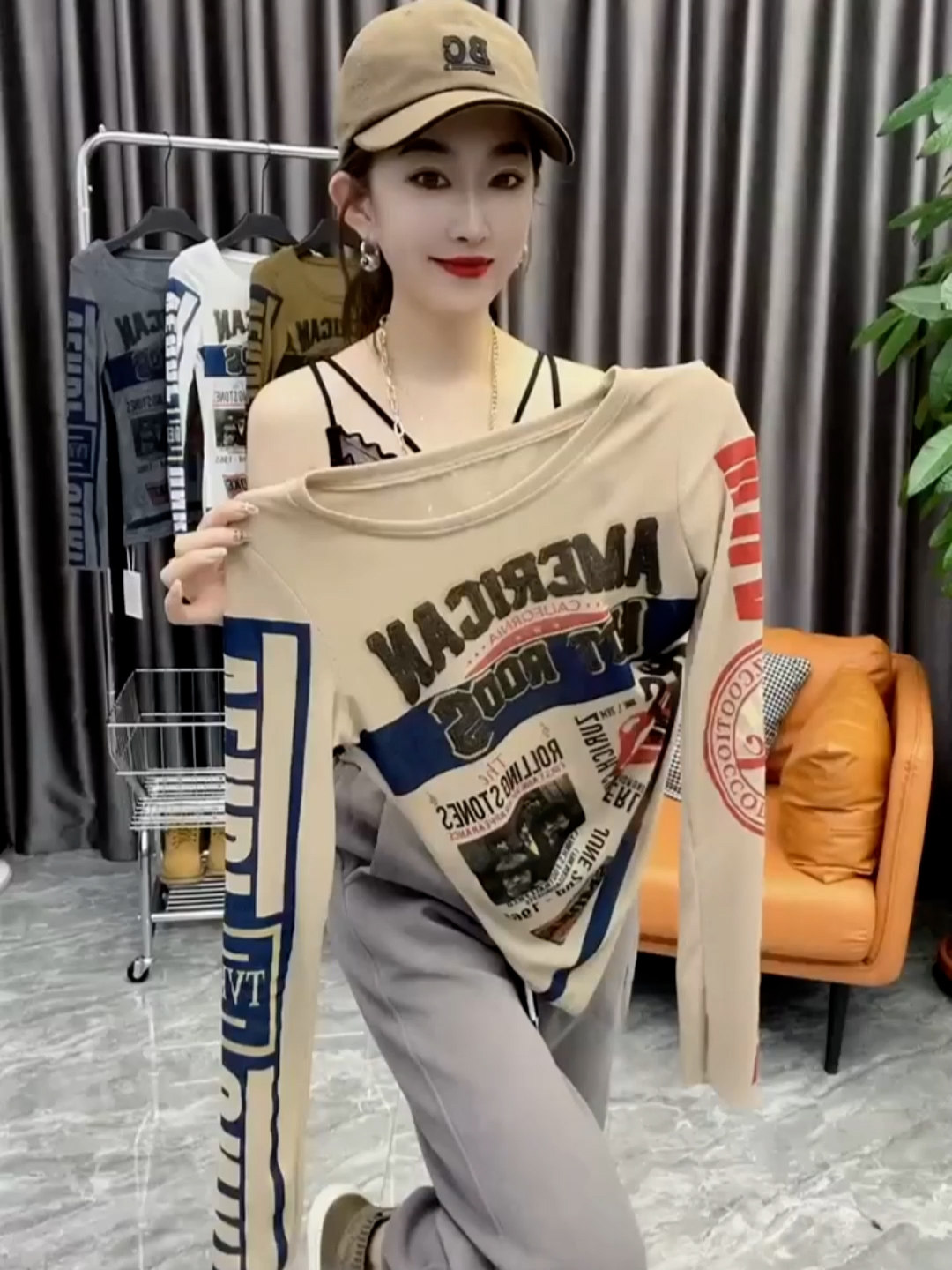 欧货2022早秋新款涂鸦字母印花纯棉长袖T恤女修身显瘦插肩袖上衣,女装/女士精品,T恤,淘宝优惠券,粉丝福利购,淘宝优惠卷