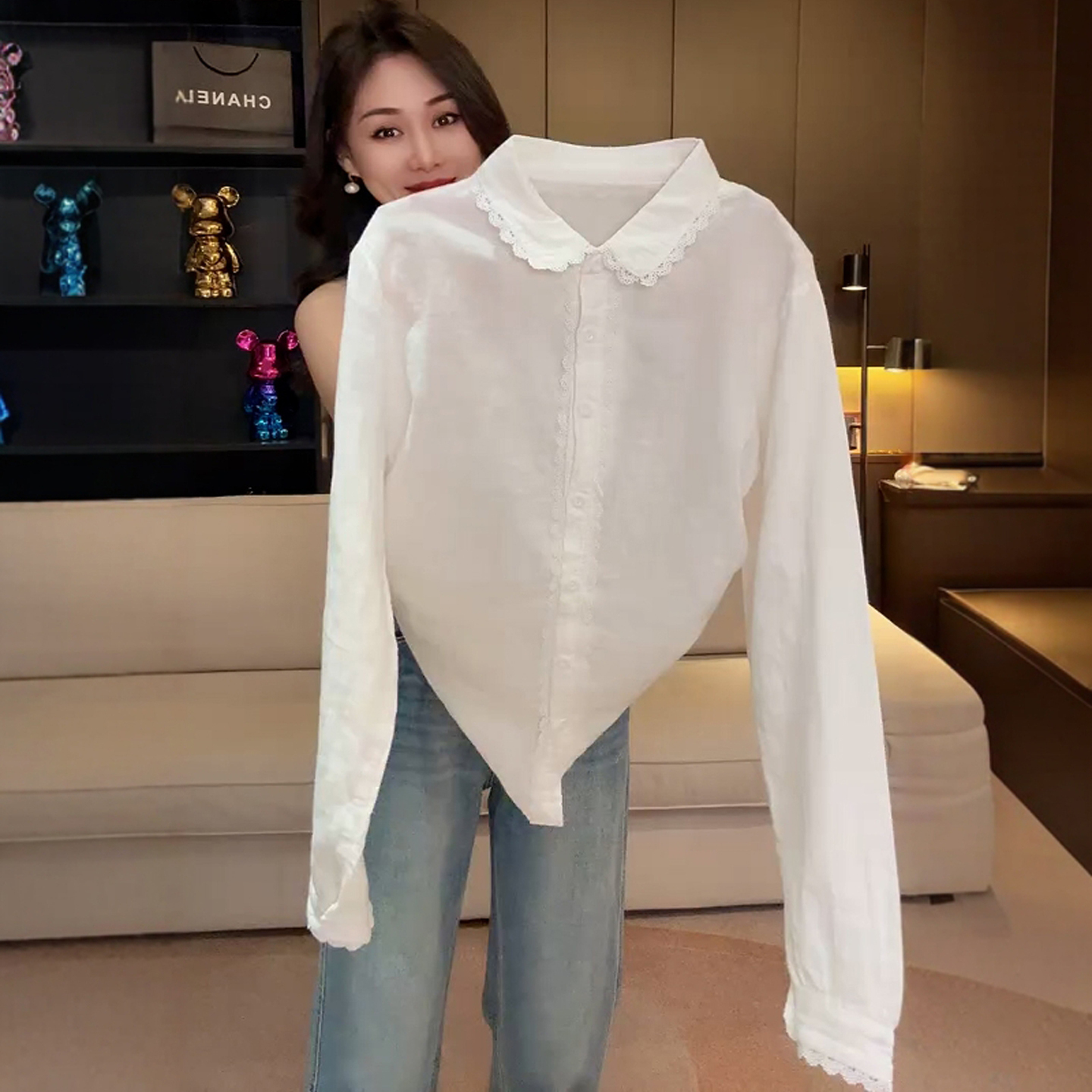 法式蕾丝花边拼接白衬衫长袖上衣