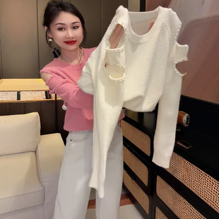 欧货重工钉珠镂空露肩针织衫长袖上衣女秋冬2025新款宽松套头毛衣