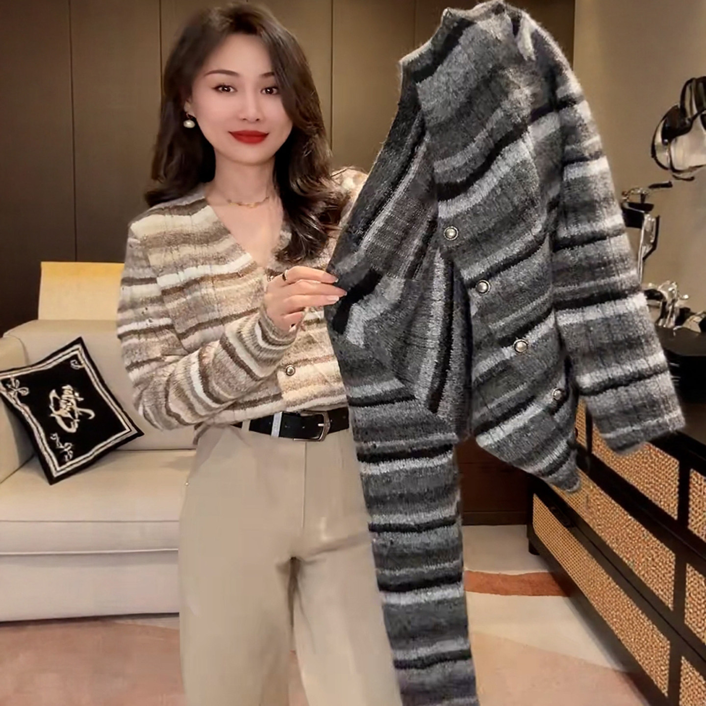 欧货2026春新款复古撞色条纹V领针织开衫女宽松毛衣外套长袖上衣,女装/女士精品,毛针织衫,淘宝优惠券,粉丝福利购,淘宝优惠卷