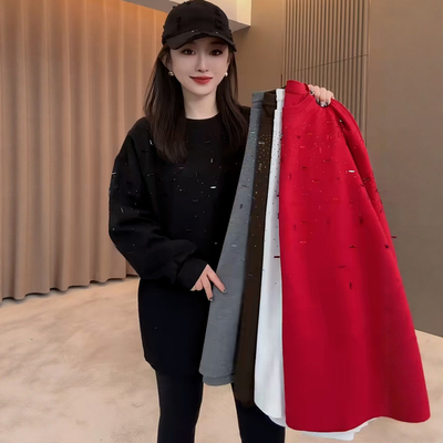 烫钻圆领卫衣女宽松小个子中长款