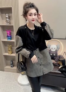 打底衫 2024春装 女宽松中长款 拼色磨毛拼接条纹假两件衬衫 上衣 新款
