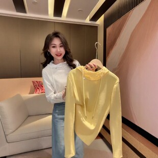 韩式极简风花边蕾丝拼接连帽t恤女长袖春季2026新款宽松叠穿上衣