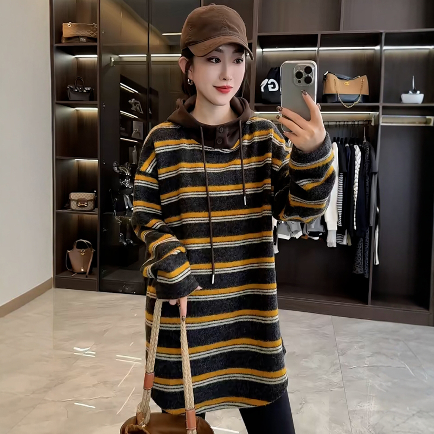 欧货撞色条纹连帽针织衫女上衣秋冬季宽松中长款套头毛衣长袖外套