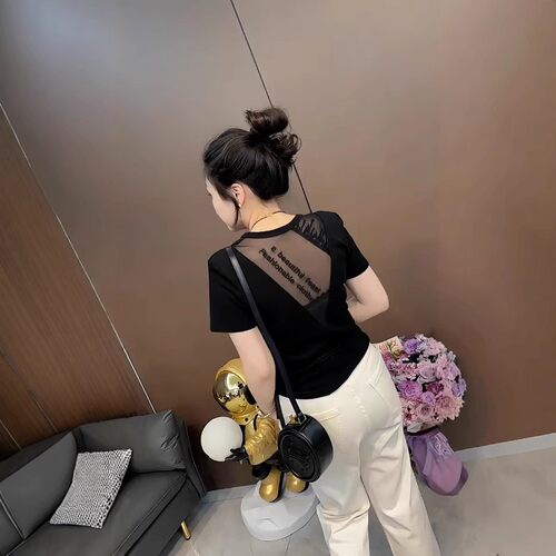镂空刺绣网纱拼接短袖T恤女