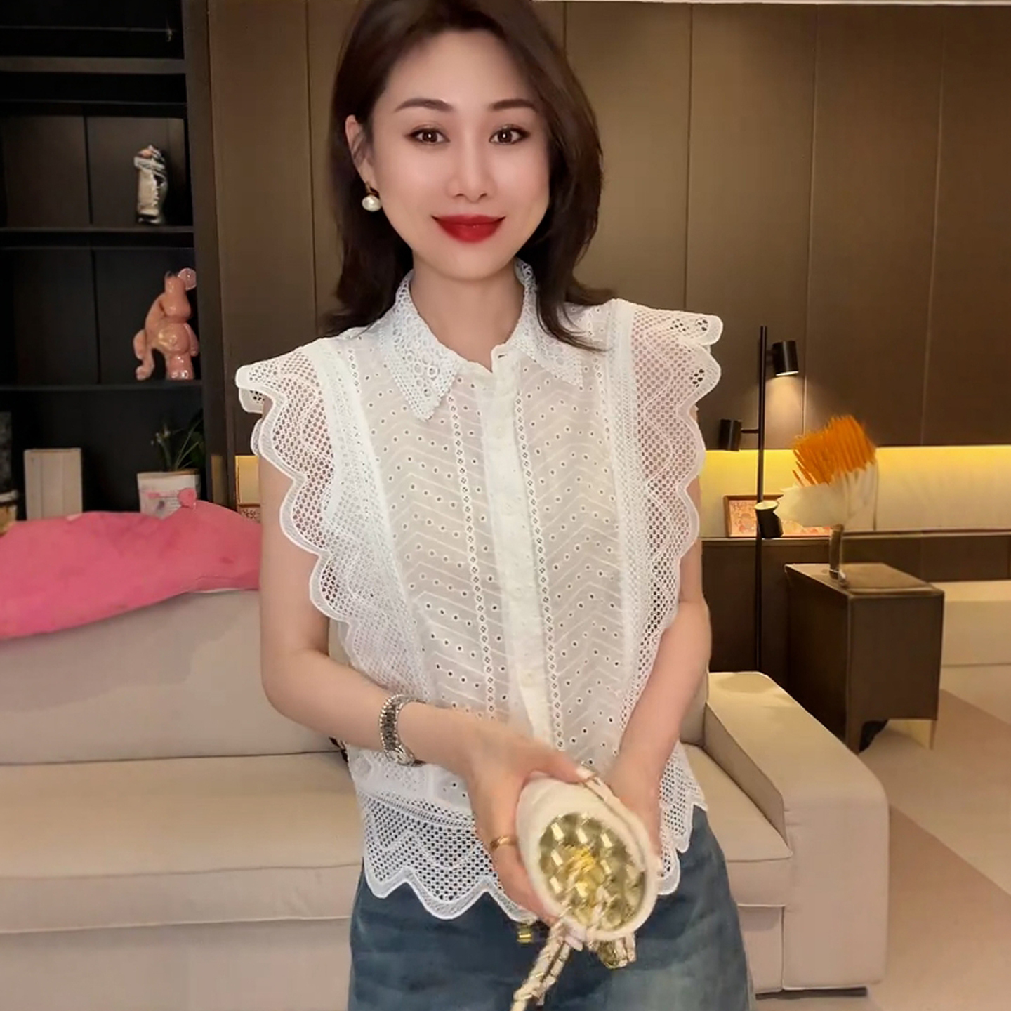 温柔风双层蕾丝小飞袖衬衫女不透