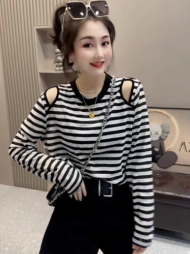 镂空露肩条纹冰丝长袖T恤女薄款