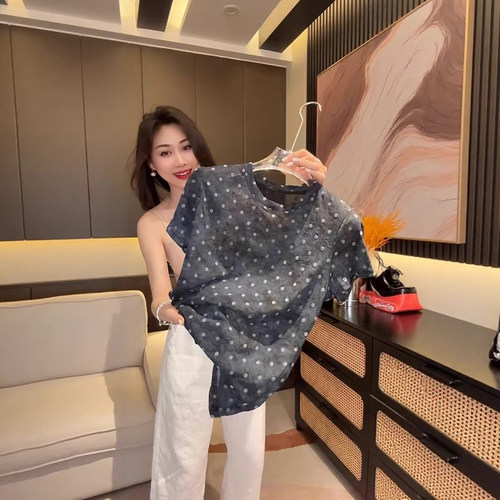 蓝色波点印花网纱短袖t恤女