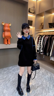 欧货2025冬装新拼色翻领假两件拼接纯棉卫衣裙女宽松中长款连衣裙