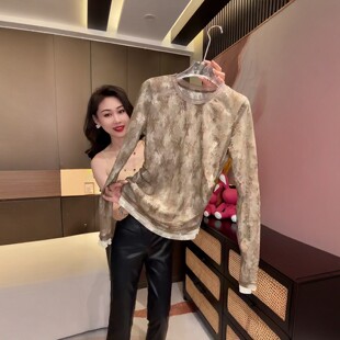 欧货轻奢高级感双层蕾丝t恤女长袖春季2026新款叠穿抽褶收腰上衣