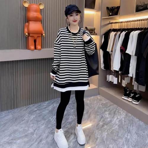 欧货美式复古条纹假两件卫衣女