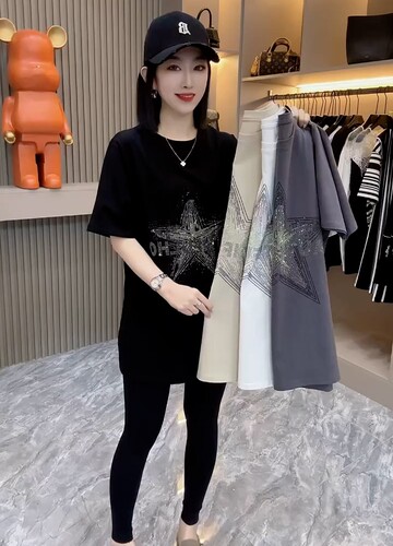 欧洲站潮牌五角星烫钻短袖T恤女