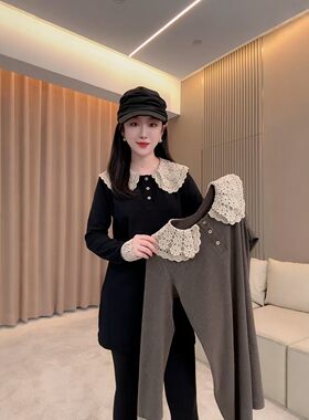双层蕾丝娃娃领长袖t恤女中长款