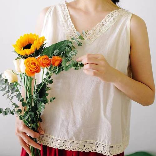 纯棉薄款蕾丝花边棉麻吊带背心女大码胖mm宽松外穿内搭打底衫上衣