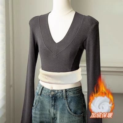 冬季V领加绒加厚长袖打底衫女大码修身保暖内搭德绒打底T恤上衣