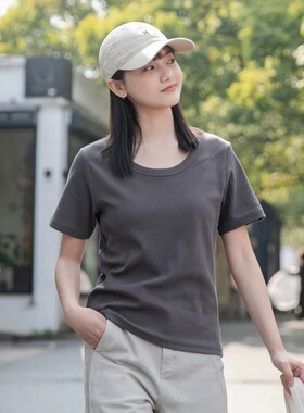 95棉U领短袖T恤女2026新款夏季大码胖mm遮肉显瘦宽松纯色正肩上衣