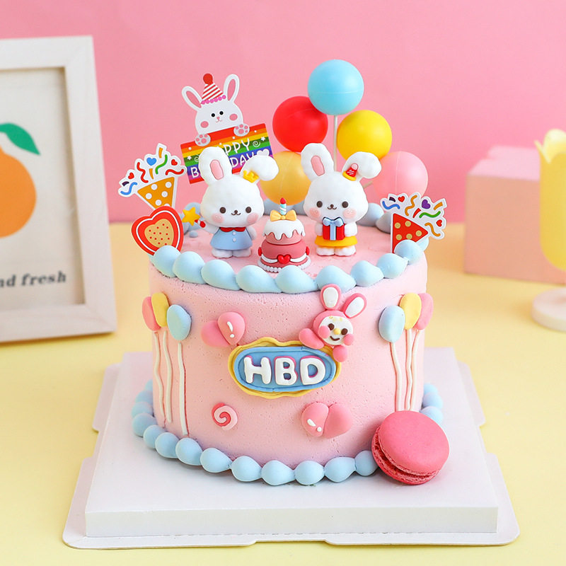 六一儿童宝宝可爱抱礼物小兔蛋糕装饰摆件卡通软胶魔法棒兔子生日