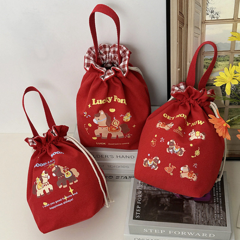 马年红色帆布束口福袋包上班手拎包年会礼品袋婚庆伴手礼袋手提袋
