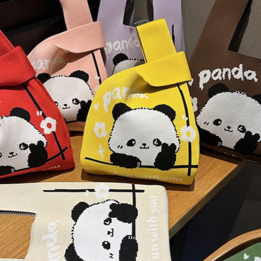 针织包熊猫文创手提袋编织通勤上班小拎包马甲背心手腕礼品袋子