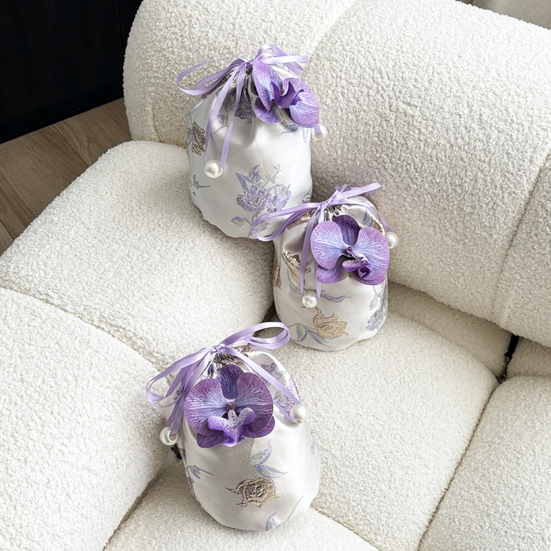 中国风蝴蝶兰珍珠抽拉袋可手提可单肩宝宝婚庆沙龙个性伴手礼袋子