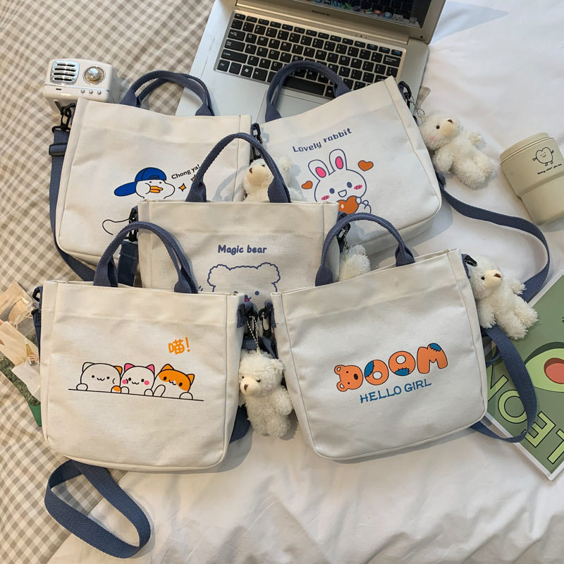 新款帆布小包包女 时尚图案单肩帆布包可爱动物少女斜跨小方包