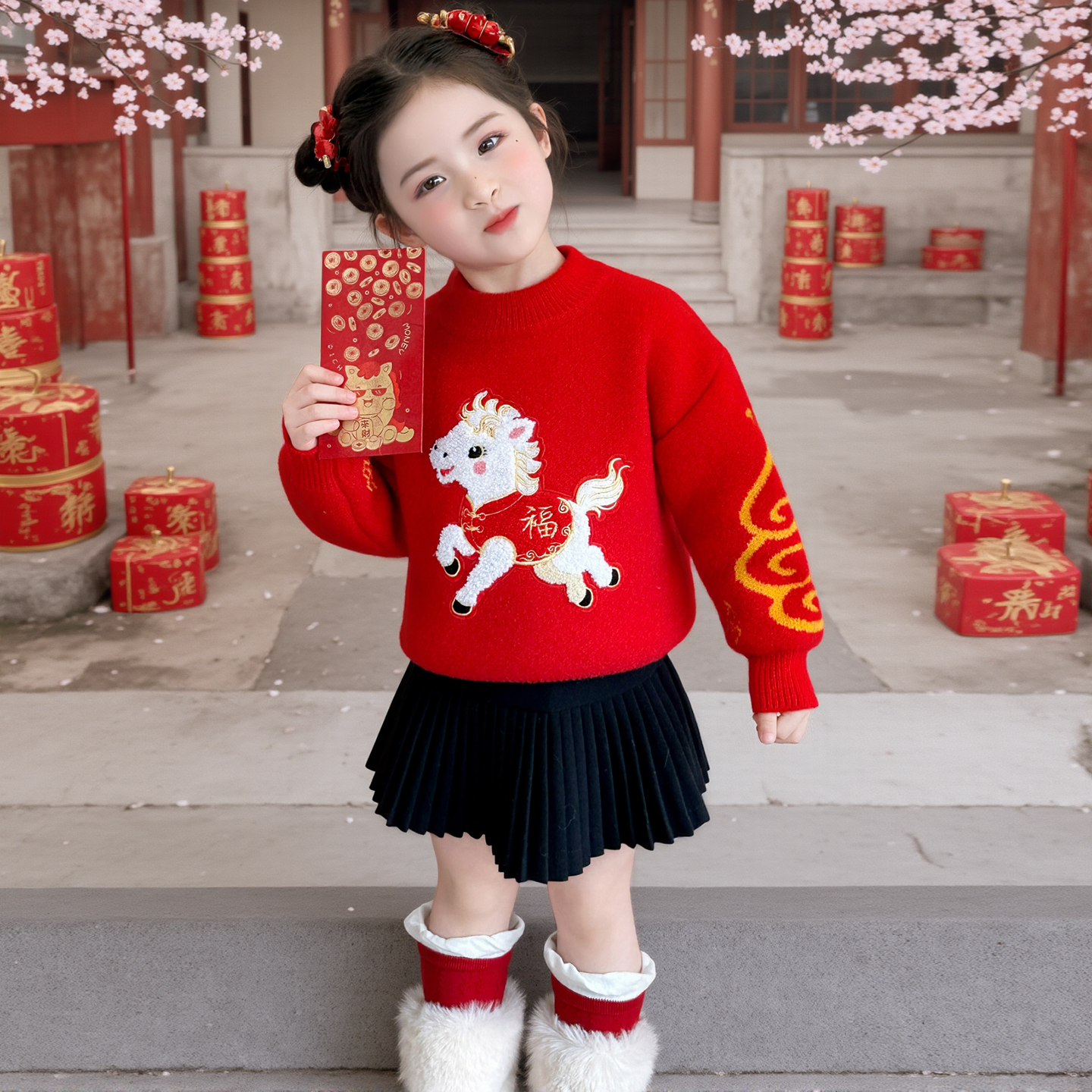 中国风冬季女童红色加厚毛衣