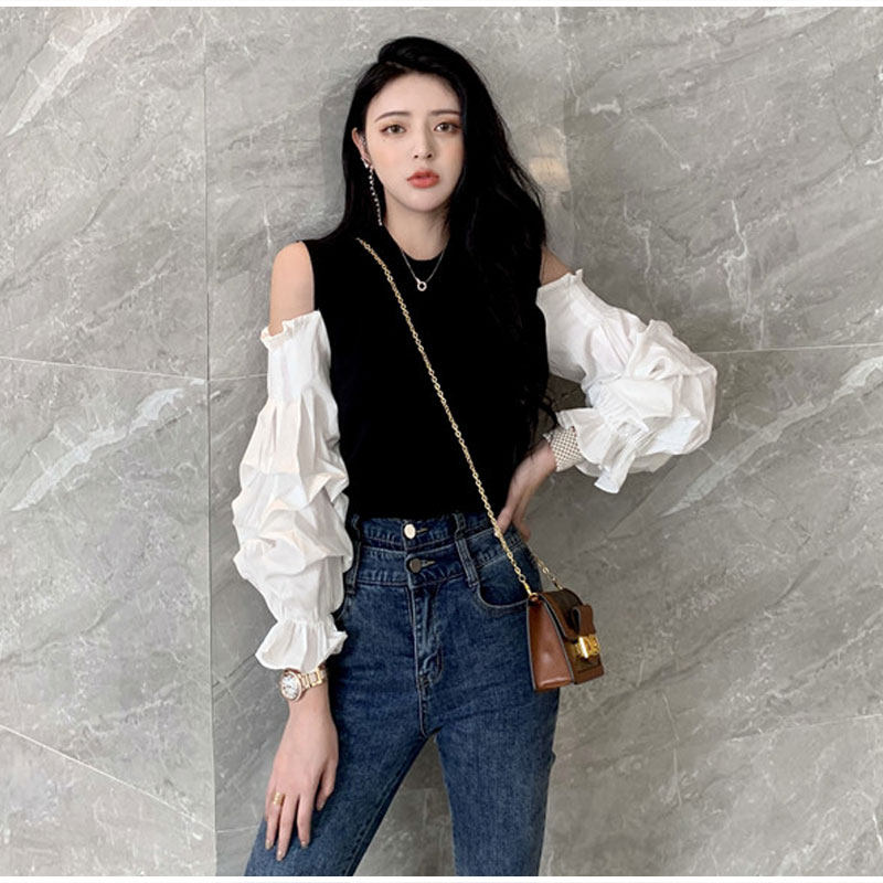 2025春装新款法式泡泡袖拼接针织衫女韩版修身露肩长袖设计感上衣,女装/女士精品,毛针织衫,淘宝优惠券,粉丝福利购,淘宝优惠卷