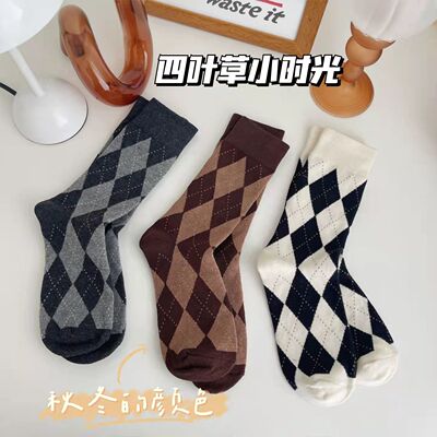 ins潮ins潮纯棉长袜棋盘格中高筒