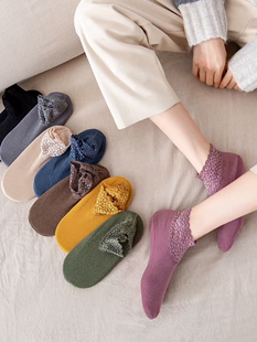 花边镂空蕾丝短袜硅胶防滑秋冬季 纯棉加德绒保暖松口袜子女