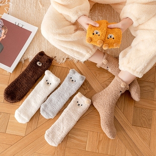 日系卡通珊瑚绒袜子女可爱小熊头睡眠袜秋冬加绒加厚保暖中筒女袜
