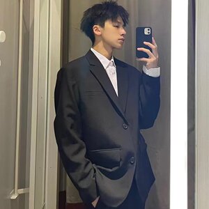 【网图现货】黑色垫肩痞帅便单痞帅西服大码宽松西装外套X022/P75