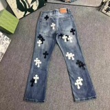 现货美式高街ins潮牌宽松痞帅直筒裤子蓝色十字架牛仔裤K031/P45，男装牛仔裤，星座205-3