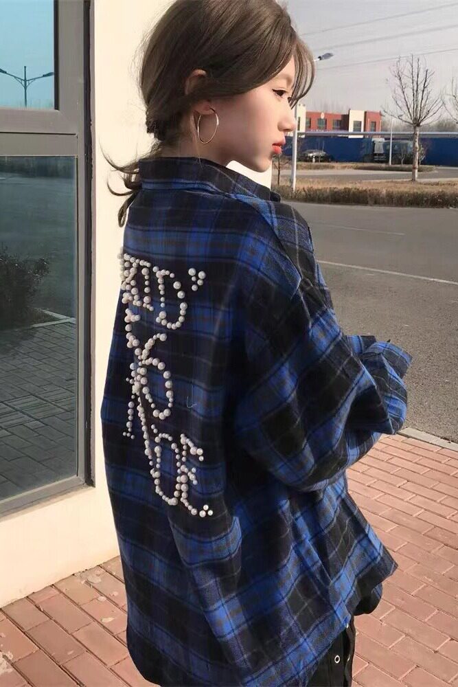 现货美式长袖格子钉珠衬衫男女C3730/特P50,男装衬衫,星座205-3