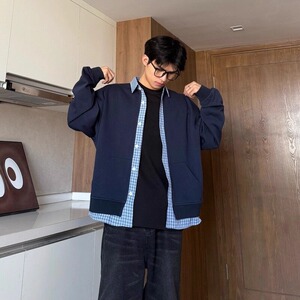 现货 美式假两件卫衣开衫外套男cleanfit格子拼接上衣W208/特P45图片