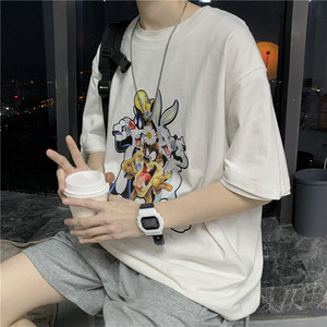 夏季卡通港风宽松字母印花短袖T恤潮流205-3#T15/P25,大码穿搭200斤牛仔马甲套装夏季图片
