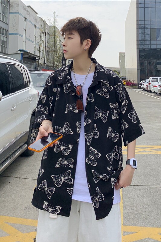 主推款2021夏季短袖情侣蝴蝶印花上衣衬衫205-3#C02/,男装衬衫,星座205-3