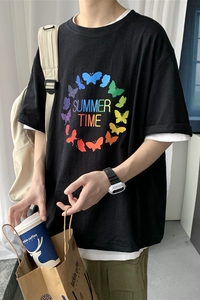 夏季港风落肩圆领短袖宽松卡通印花潮流T恤上衣205-3#T18/P25图片