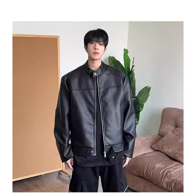 黑色短款pu皮衣外套男春秋美式机车夹克痞帅高级感cleanfit棒球服,男装夹克,星座205-3