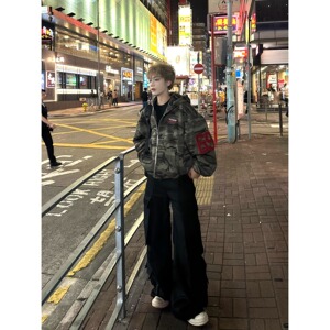 美式复古迷彩连帽卫衣男秋季潮牌高级感重磅字母刺绣拉链开衫外套图片
